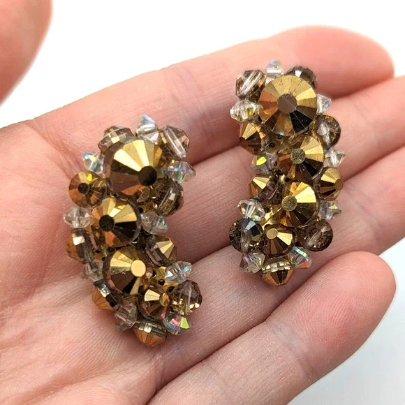 Hobe Gold Beaded AB Aurora Borealis Crystal Crescent Earrings Signed Vintage - Picture 10 of 10